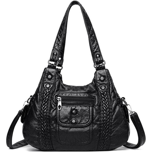 Trend Uliczny Damska Torba Na Ramię Jednolity Kolor MięKka SkóRa Retro Damska Torba Pod Pachę Guzik Pleciona RęCzna Torba Tote Dla Kobiet Black-image