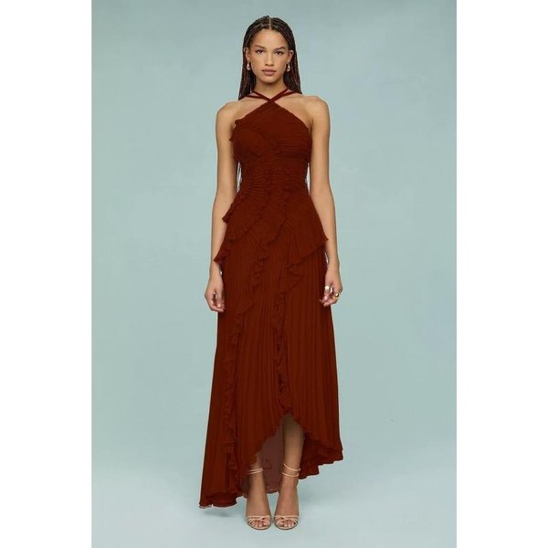 Elegancka Damska DłUga Sukienka Falbankowa Plisowana Moda Bez RęKawóW Z WiąZaniem Na Szyi Warstwowa Plisowana Zwiewna Sukienka Maxi Weselna Impreza L Brown-image