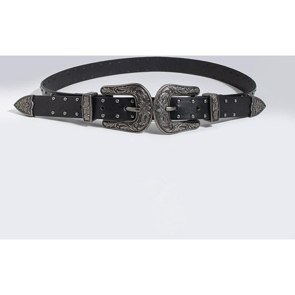 Boho Damski Pasek Westernowa Klamra PodwóJna Klamra ćWieki CiężKa Industria Retro Boho Damski Pasek 100Cm Black-image