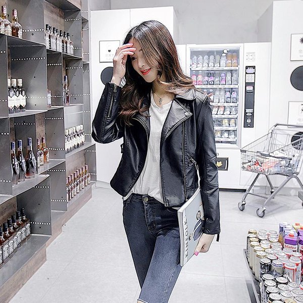 Chaqueta De Cuero Para Mujer Corta VersióN Coreana Chaqueta De Cuero Ajustada Talla Grande Chaqueta De Cuero Para Mujer Abrigo PequeñO Para Mujer Nuevo Primavera Y OtoñO 3XL Negro-image