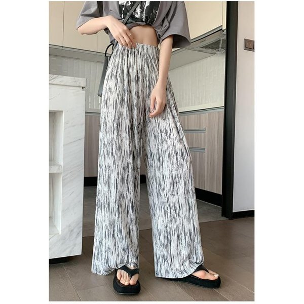 Jedwabne Jedwabne Szerokie Spodnie Dla Kobiet Latem Cienkie Wysoki Stan OpadająCe Letnie ModelująCe Sylwetkę Czarne Codzienne LuźNe Proste Tie-Dye Spodnie XXL Gray-image