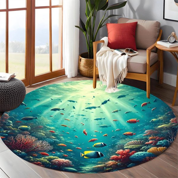 Podwodna Rafa Koralowa Ryby OkrąGłY Dywan Ocean ŻYcie Morskie WystróJ MięKki Flanelowy Dywanik PodłOgowy Do Salonu Sypialni ŁAzienki 40Cm-Dia.-image