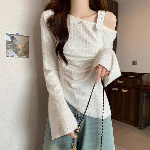 DiseñO Puro Estilo Top De Punto Fino Delgado De Manga Larga Hombros Descubiertos Para Mujer Primavera Y OtoñO XL Blanco-image