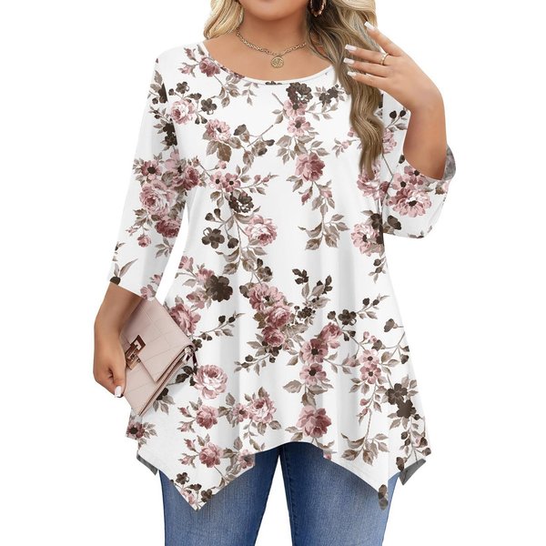 Damskie Koszulki Z RęKawem 3/4 W DużYch Rozmiarach Bluzki Tuniki Z OkrąGłYm Dekoltem Podstawowe LuźNe Topy Tee L-5XL XL BiałY-image