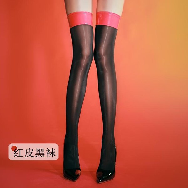 Medias Sexys Para Mujer 8D Lisas Brillantes Con Brillo De Aceite Medias Altas Vintage Brillantes Medias De Criada Moldeadoras EláSticas Parche De PU Medias Hasta La Rodilla One Size-image