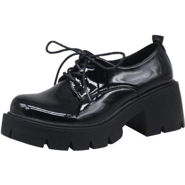 Nowe Jesienne Wiosenne Oksfordki Dla Kobiet Jednolite SkóRzane Buty Codzienne Kobieta PłAskie Sznurowane Gruba Podeszwa Wysokie Obcasy Buty Na Platformie 7.5 Black-image