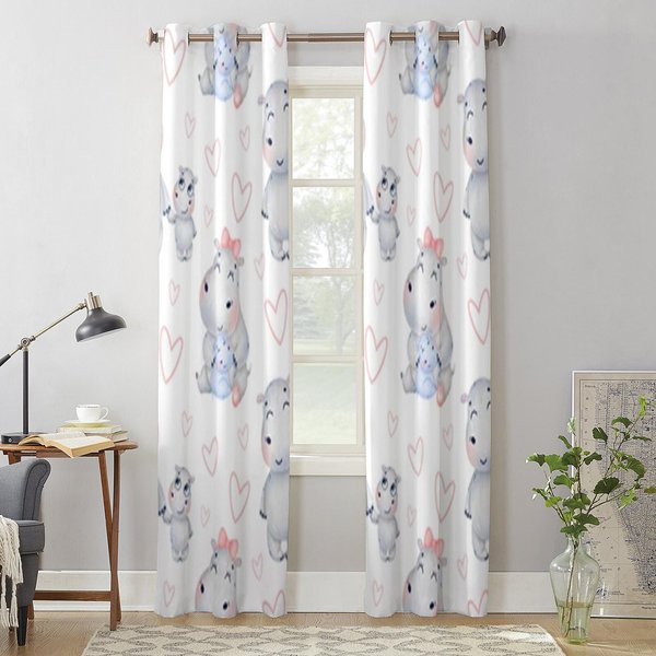 Urocze KreskóWkowe Hipopotamy Z Sercami ZasłOna Okienna Do Pokoju DziecięCego Rolety Domowe ZasłOny Do Salonu Sypialni ZasłOny Okienne 135W X 245H(Cm) X2-image