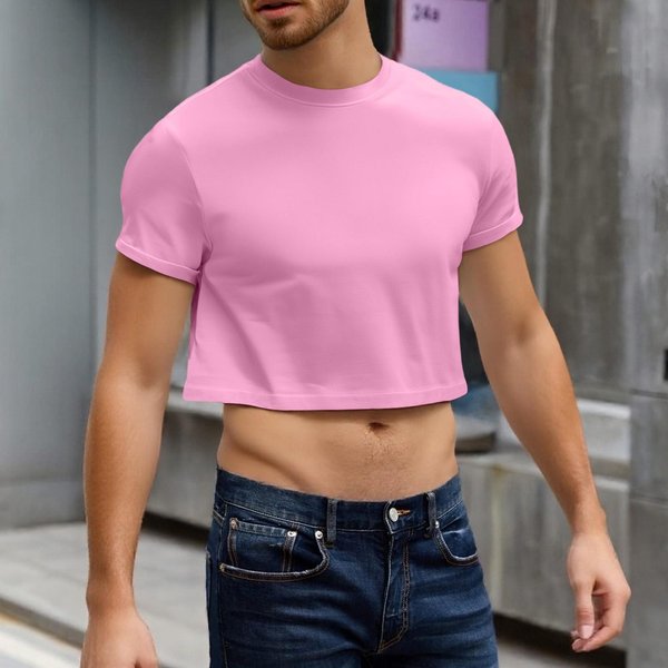 Top Corto Casual Para Hombre Con Cuello Redondo, Manga Corta, Ajuste Holgado, Media Camisa, SuéTer Suave, Transpirable Y Ligero Para El Uso Diario S Color Rosa-image