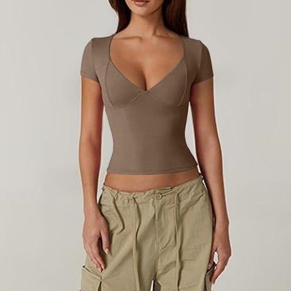 Damski Top ObcisłA Koszulka V-Neck Top Z DołEm KróTki RęKaw Seksowny Jednolity Top T-Shirt L Brown-image