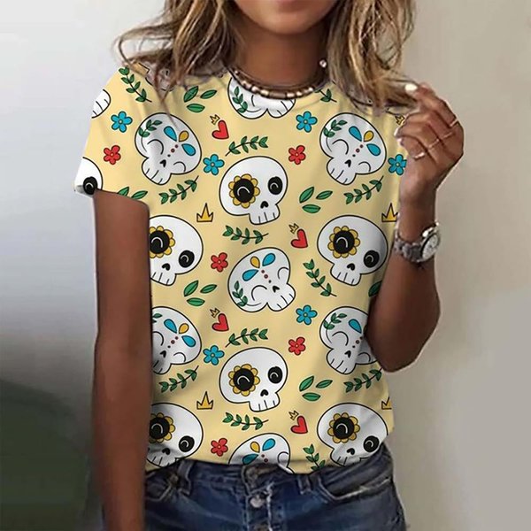 Camiseta De Mujer Con Estampado 3D De Calavera De AzúCar Divertida Anime Dibujos Animados Anime MéXico Verano DíA De Los Muertos Camiseta Para Hombre Tops De Mujer 6XL White-image