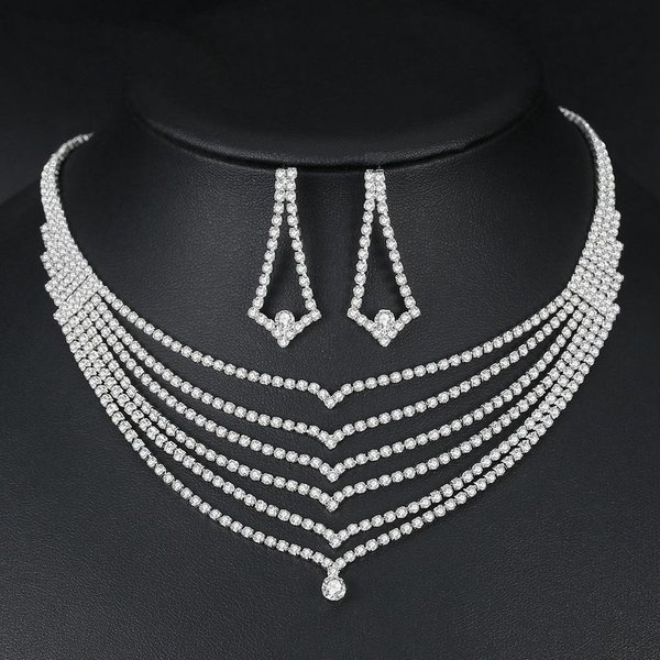 Personalidad De Moda, Accesorios Nupciales Pendientes Elegantes Brillantes De PedreríA Set De Collar Y Pendientes Plata-image