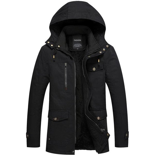 Chaqueta De OtoñO E Invierno Para Hombre Forro Polar Engrosado Estilo Herramientas Abrigo Mediano Y Largo Con Capucha AlgodóN Casual Chaqueta De AlgodóN Para Hombre 4XL Black-image