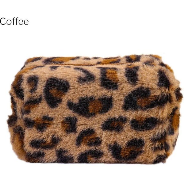 Bolsa De Maquillaje De Felpa Con Estampado De Leopardo De Gran Capacidad Bolsa De Almacenamiento CosméTico Bolsa De Neceser Con Cremallera Neceser De Lavado Organizador De Viaje Café-image