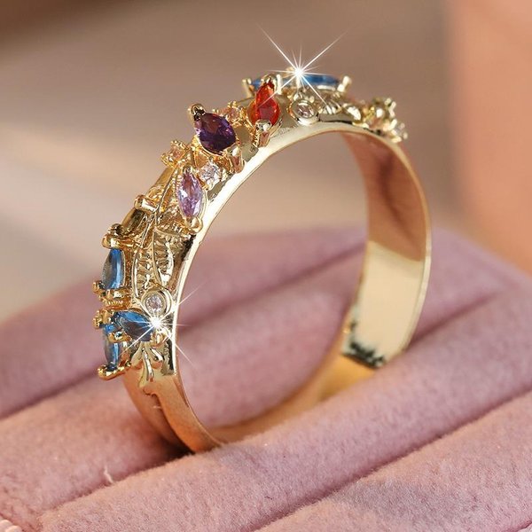 Precioso Anillo De Hoja Multicolor De Circonita CúBica Incrustada Para Mujer Tendencia Color Dorado GeometríA Uso Diario JoyeríA Para Fiesta Regalo De Aniversario 10 Beige-image