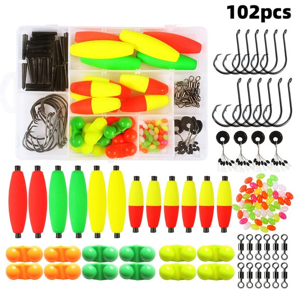 Caja De Aparejos De Pesca, 102 Piezas, Aparejos Para Bagre, Con Flotadores, Anzuelos, Eslabones Giratorios Y Campanas De Pesca Varios Colores-image