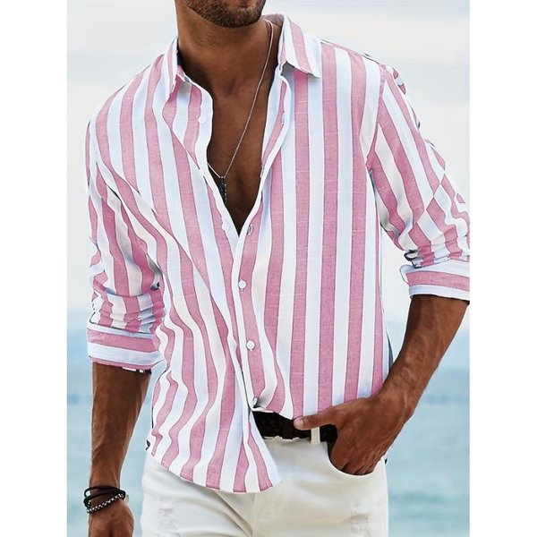 Camisa De Lino A Rayas Para Hombre Con Botones Manga Larga Casual Transpirable L Color Rosa-image