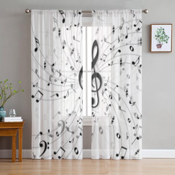MúSica Blanco Negro Tul Transparente Cortinas De Ventana Translucidas Para Sala De Estar El Dormitorio Modernas Cortinas De Gasa Voile Organza DecoracióN Drapeados 135W X 213H(Cm)-image