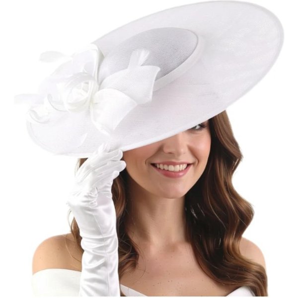Vintage Damskie Kapelusze Fascinator Szerokie Kapelusze KośCielne Modny Kapelusz Derby Na Imprezę Koktajlową BiałY-image