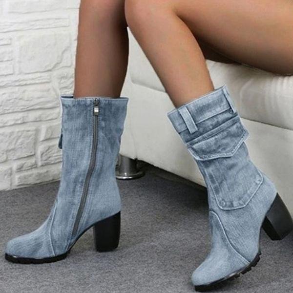 Damskie Buty Jeansowe Boczny Zamek Kowbojskie Buty Damskie Masywne Buty Na Wysokim Obcasie Buty Do PołOwy łYdki Damskie Dorywczo Jesienne Buty Zimowe Zapatos De Mujer 35 Jasny Kolor Niebieski-image