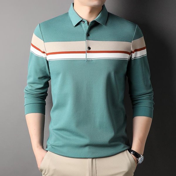 OtoñO Nuevo Polo De Hombre De Mediana Edad Con Solapa Y CombinacióN De Colores Camiseta De AlgodóN De Manga Larga A Rayas Para Hombre Xxxl Gray-image