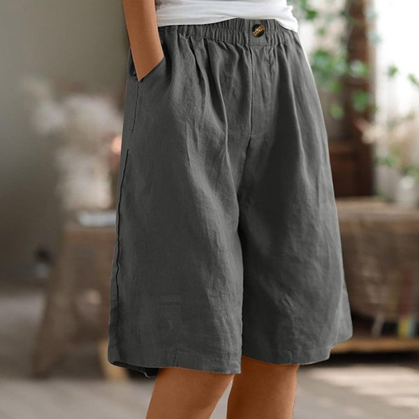 Pantalones Capri Holgados De Lino Y AlgodóN Con Cintura EláStica Y Bolsillos Abotonados Para Mujer Xxxl-image