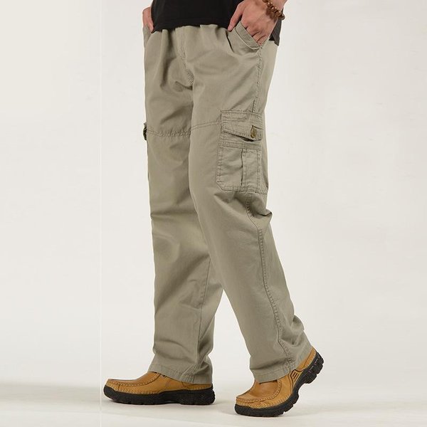 Wiosna Lato Moda MęSka Proste Spodnie Casualowe Jednolity Kolor Spodnie Cargo Z Wieloma Kieszeniami MęSkie LuźNe Spodnie Cargo 4XL Khaki-image
