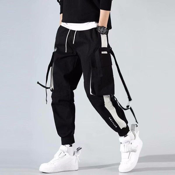Biegaczy Spodnie Cargo Dla MężCzyzn Casual Hip Hop Hit Color Pocket MęSkie Spodnie Dresowe Streetwear WstążKi Spodnie Techwear M Black-image