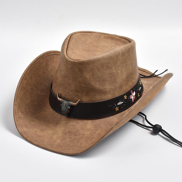 Nowy 100% SkóRzany Zachodni Kapelusz Kowbojski MęSki Szerokie Rondo DżEntelmeńSki Kapelusz KośCielny Jazzowy Kapelusze Dla Cowgirl Sombrero Hombre 58-image