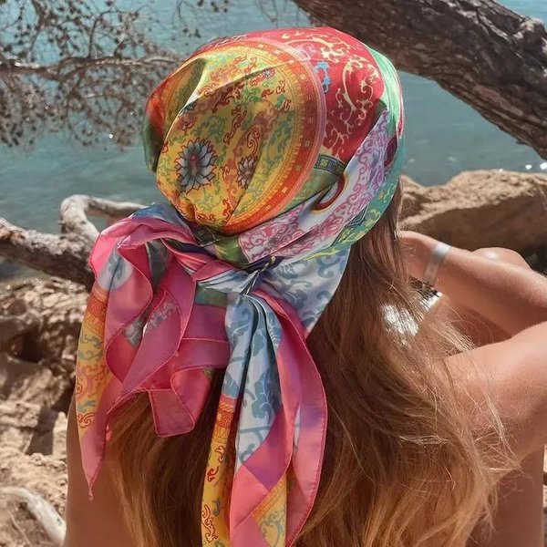Modny Kwadratowy Jedwabny Szalik Damski Luksusowy Satynowy Drukowany HidżAb Szaliki Pareo Bandana Damski Szal Owijany Opaska Na GłOwę Foulard 90*90Cm Gray-image