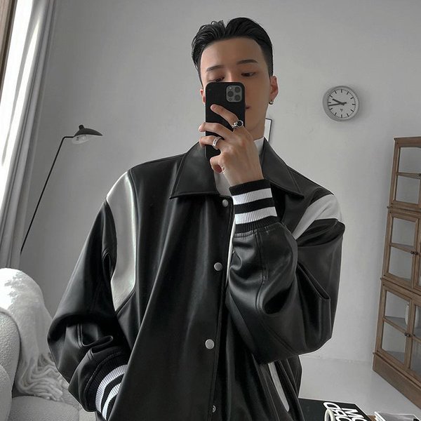 Chaqueta De Cuero Para Hombre Uniforme De BéIsbol Chaqueta Nueva Tendencia De Primavera Estilo Coreano Holgada Casual 2XL Negro-image