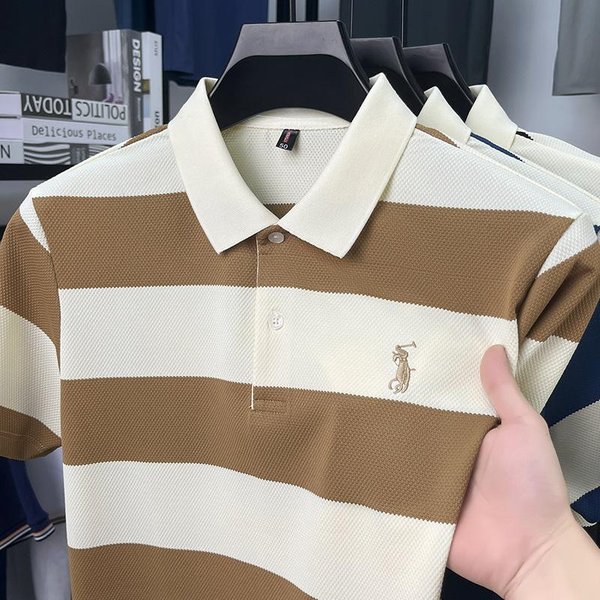 Camisa Polo A Rayas Estampada Estilo Coreano Para Hombre AlgodóN Solapa Casual Manga Corta L-image