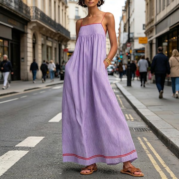 Vestido Largo De Verano Sin Mangas Para Mujer Casual Largo Con Tirantes Finos Ajuste Holgado Vestido Largo De Verano Con Bolsillos Tejido Ligero Transpirable M PúRpura-image