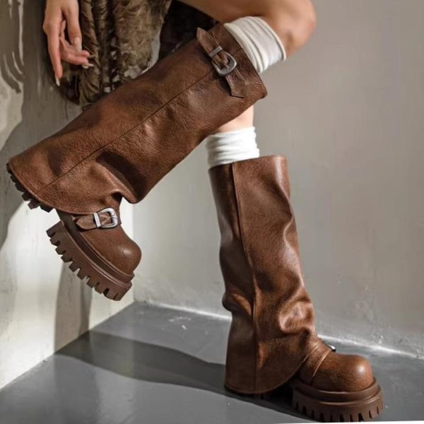 Zapatos De Mujer Slip-On Botas De Mujer Moda Hebilla De CinturóN Botas Modernas Mujer Invierno Punta Redonda Plataforma Botas Hasta La Rodilla 37 MarróN-image
