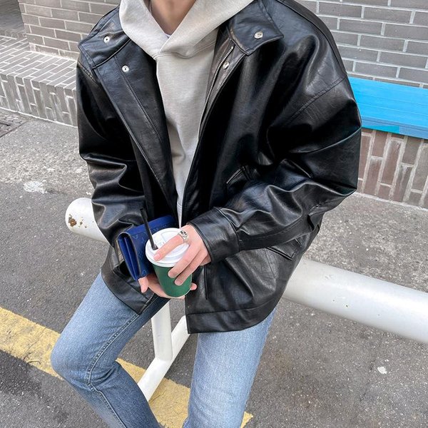 Chaqueta De Cuero Para Motocicleta Para Hombre En OtoñO E Invierno Engrosada Estilo Coreano Moderna Suelta Guapa Retro Ropa De Trabajo Chaqueta De Cuero Chaqueta 2XL Negro-image