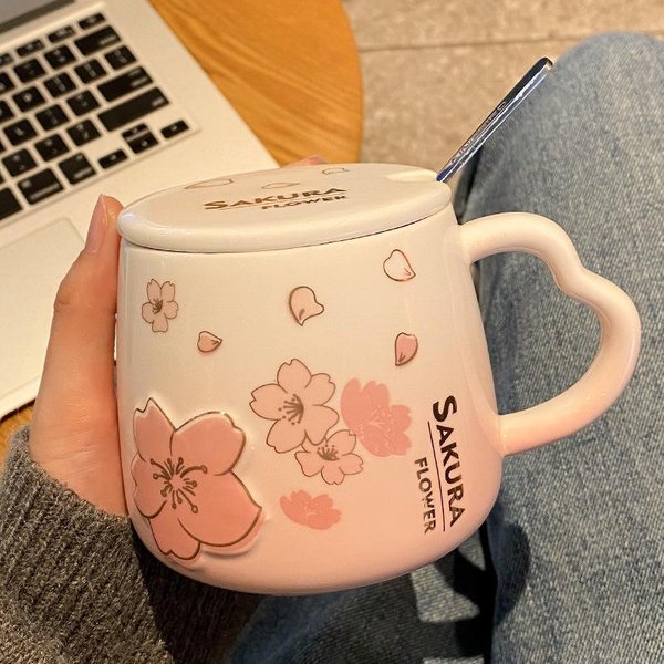 Taza De CeráMica Para Desayuno Con Tapa Y Cuchara Taza Linda Aspecto Elevado Creativa Pareja Taza De Café Para Agua 401-500Ml-image