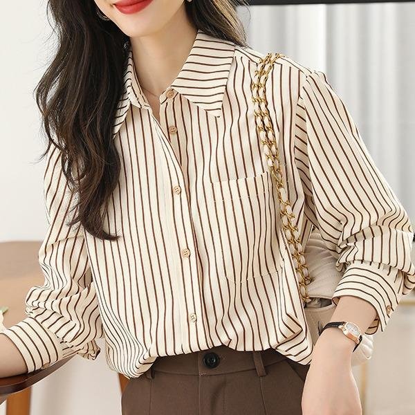 Camisa Retro De Rayas Verticales Para Mujer, Verano Manga Larga Holgada Y VersáTil Top Profesional Para El Trabajo 2XL Gray-image