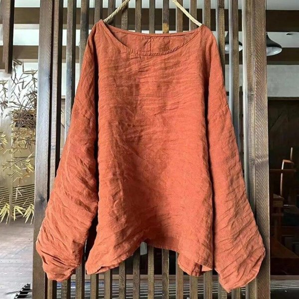 Johnature Damskie Koszulki W Stylu Vintage O-Neck Z DłUgim RęKawem Jednokolorowe Koszulki Wiosenne Casual LuźNe Damskie MięKkie T-Shirty One Size PomarańCzowy-image