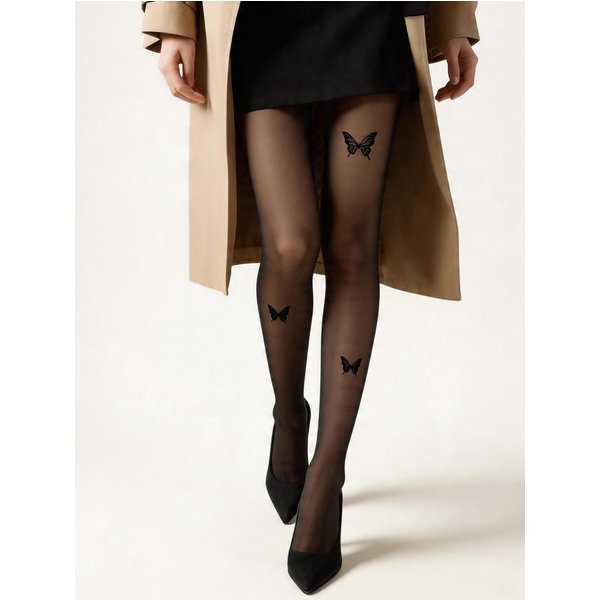 1 Pieza Medias Negras Transparentes Con Estampado De Mariposas, Medias Finas Sexy Para Mujer Primavera Verano, Exclusivo San ValentíN, Anti-Enganche S Brown-image