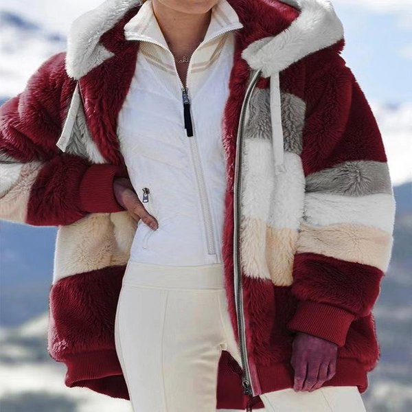 Europa Estados Unidos 2024 OtoñO Invierno CáLido Felpa Cremallera Bolsillo Capucha Chaqueta Suelta Mujer L Rojo Vino-image