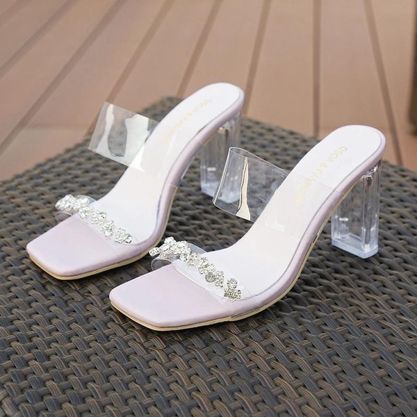 Nuevas Sandalias De Verano Para Mujer Con Punta Abierta, Punta Cuadrada, PedreríA, Moda Cristal, MáS Vendidas, Chanclas Deslizantes Para Exteriores, Tacones Mujer 40 White-image