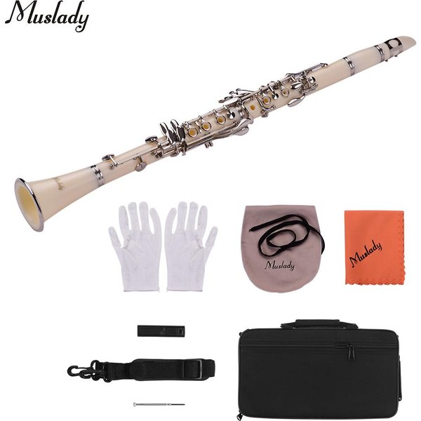 Muslady Clarinete Bb Plano De 17 Teclas Con Estuche Destornillador Estuche Para CañAs 10 Piezas CañAs Blanco-image