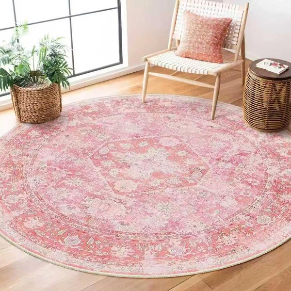 RóżOwy Boho OkrąGłY Dywan – Zmywalny MięKki AntypośLizgowy OkrąGłY Dywan Do Pokoju Dziewczynki Salonu Dekoracja Diameter 90Cm(35In)-image