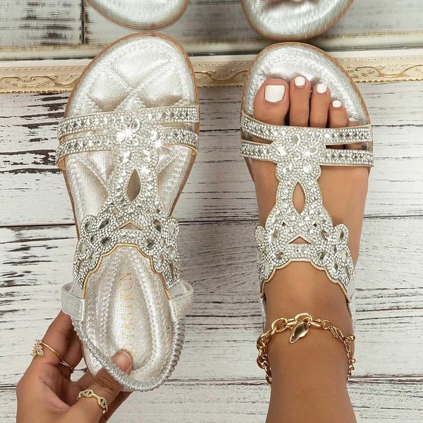 SandałY Z KryształKami Z Klipsem Damskie Buty Komfort Elastyczny Pasek Na Kostkę PłAskie Boho PlażOwe Buty KryształOwe Codzienne Letnie SandałY 40 Srebro-image