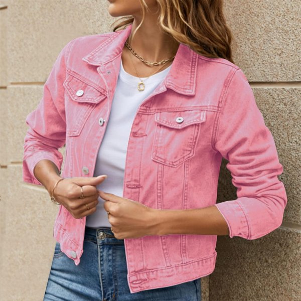 Klasyczna Czerwona Jeansowa Kurtka Damska Z DłUgim RęKawem, Zapinana Na Guziki, LuźNy KróJ, Stylowa Kurtka Na Wiosnę I Jesień XXL Pink-image