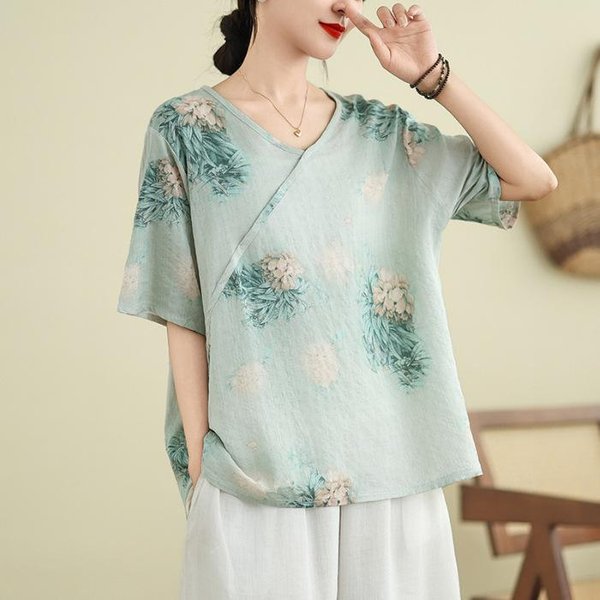 AlgodóN Y Lino Cuello En V Talla Grande Mujer Nuevo Estilo Verano Ligero Holgado VersáTil Casual Nuevo Chino Hanfu Top Mangas Cortas 3XL Gray-image