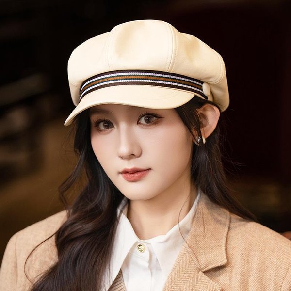 Boina De Cuero Retro VersióN Coreana Para Mujer OtoñO E Invierno Ocio Al Aire Libre A Prueba De Viento Y CáLida Sombrero Octogonal Estilo BritáNico Sombrero De Pintor One Size-image