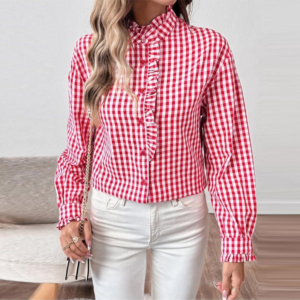 Camisa Casual De Moda Para Mujer A Cuadros Con Volantes Suelta Cuello En V XL Rojo-image