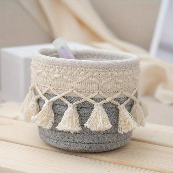 Cesta De Almacenamiento Tejida A Mano Con Cuerda De AlgodóN, Organizador De Escritorio, ArtíCulos Diversos, Juguetes, CosméTicos, Llaves, Caja De Bocadillos, Organizador De ArtíCulos Diversos Gris Claro-image