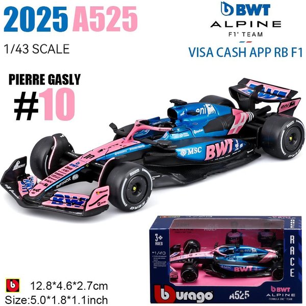 Bburago 1:43 F1 Bwt Alpine Equipo De FóRmula Uno #10 Pierre Gasly #43 Franco Colapinto Coche De AleacióN Modelo Fundido A PresióN Juguete Coleccionable-image