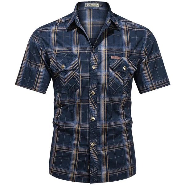 Camisas De Verano A Cuadros De Manga Corta Para Hombre Camisas De Herramientas Militares Para Exteriores Con MúLtiples Bolsillos Para Hombre Camisas De AlgodóN De Alta Calidad Talla 5XL M Azul-image